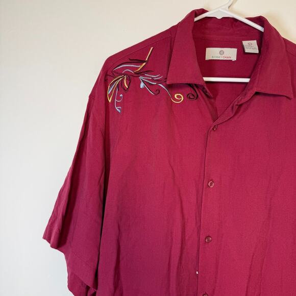Bobby Chan Shirt Mens XLarge 100% Silk Red Short Sleeve Golfer Golf Button Up - Picture 3 of 12
